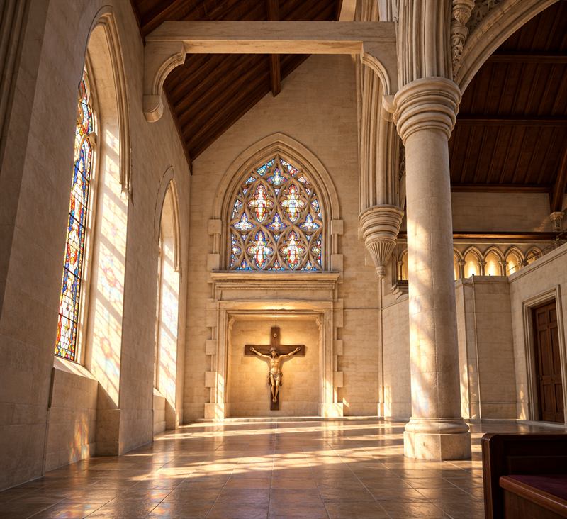 Gothic church interior with stained glass windows and warm light