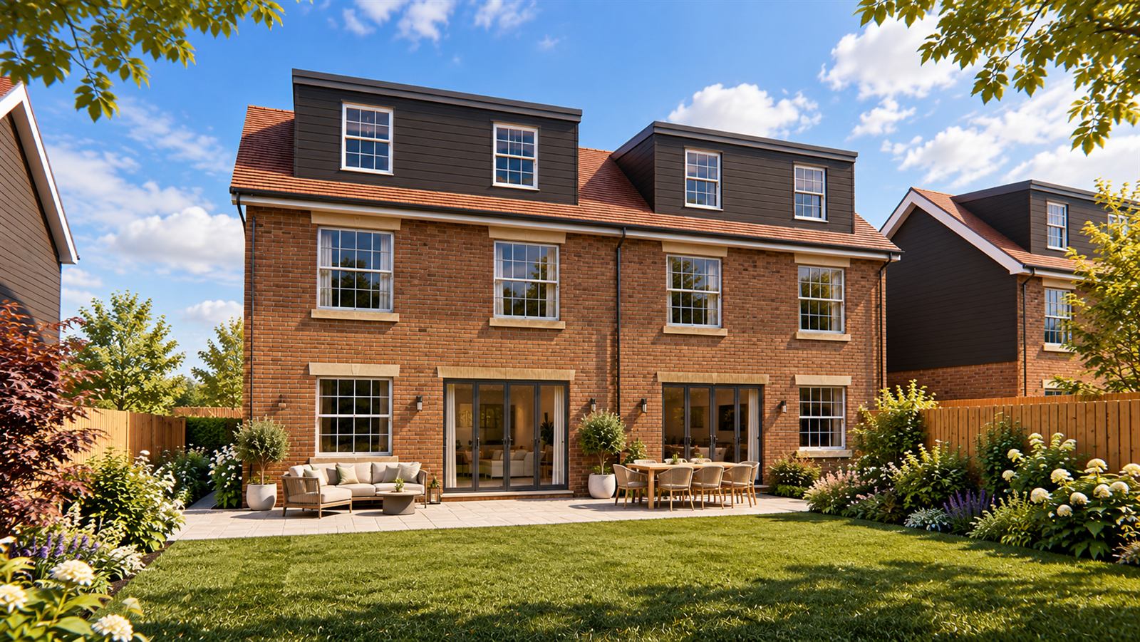 Brick family home with dormer windows and a landscaped rear garden